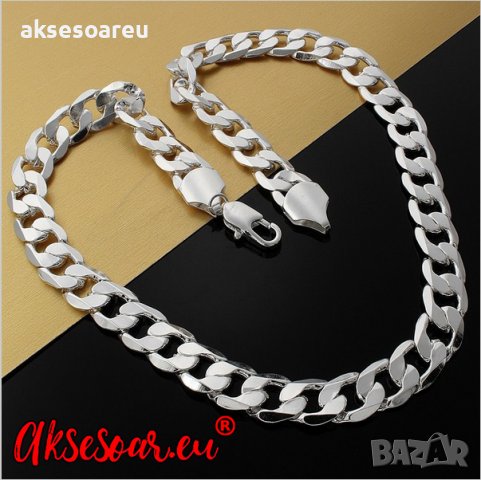 Посребрен сребърен ланец 4 мм плетка панцер бижу верига мода синджир бижутерия Благородна твърда сто, снимка 5 - Колиета, медальони, синджири - 38360336