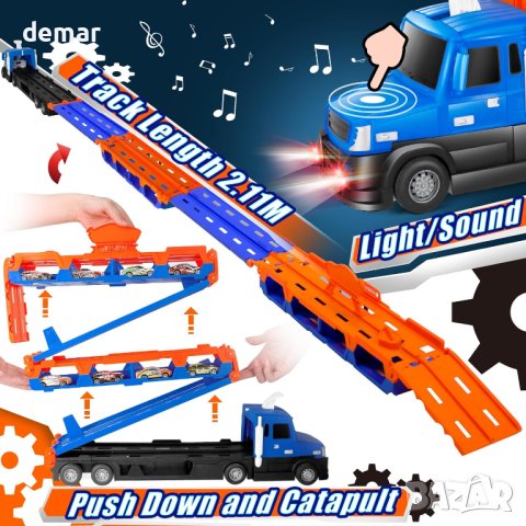 m zimoon Транспортен камион с 10 мини състезателни коли и състезателна писта, играчка за деца, снимка 7 - Коли, камиони, мотори, писти - 44393190