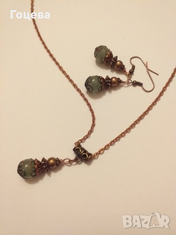 🧡Разкошен Викториански Нефритен комплект колие и обеци с изящни медни орнаменти🧡, снимка 6 - Бижутерийни комплекти - 30179583