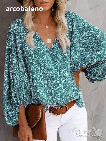 Дамска ежедневна риза с щампован фенерски ръкав с V-образно деколте, 9цвята , снимка 17 - Ризи - 42039048