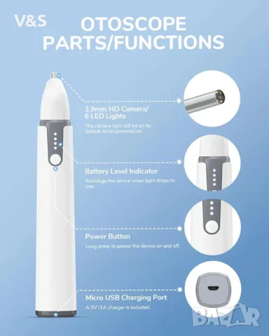 Безжичен отоскоп ScopeAround със светлинна ушна камера, 3,9 мм камера с инструменти wifi, снимка 4 - Други - 48302770