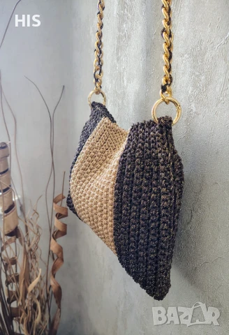 Плетени чанти с дълга дръжка, златно с кафяво, снимка 2 - Чанти - 50973963