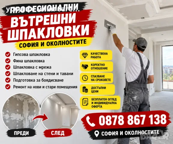 Професионални вътрешни шпакловки – София
