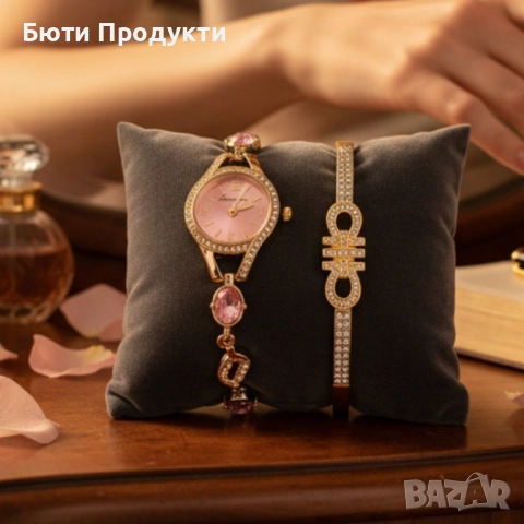 Луксозен дамски сет: часовник с кристали + гривна – в подаръчна опаковка, снимка 4 - Дамски - 52057796