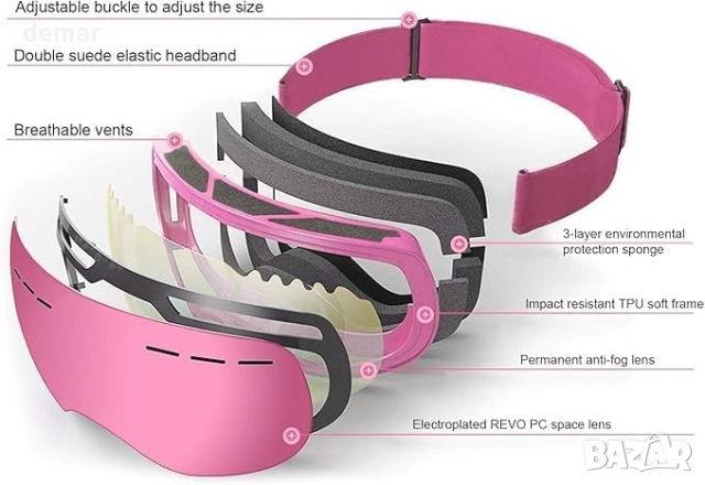 Очила за ски и сноуборд - UV защита, против замъгляване - OTG, розова рамка - светлорозови лещи, снимка 3 - Зимни спортове - 52444025