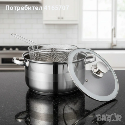 Тенджера с кошница за пържене и стъклен капак Cheffinger  Ø24 см – инокс, 6,5 л, за всички котлони