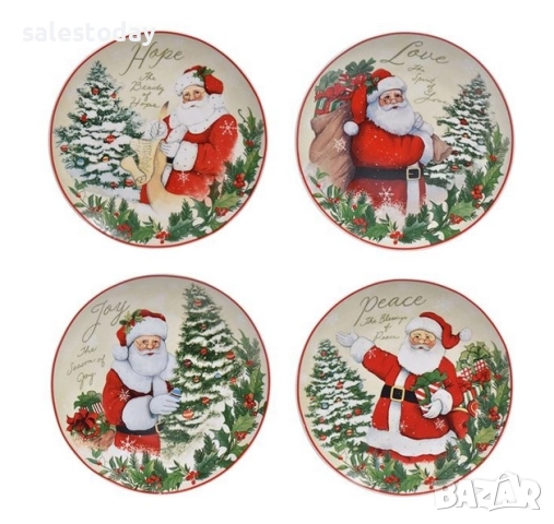 Празничен Комплект Чинии, Коледни чинии, порцелан, Дядо Коледа/ Подаръци, 19 см, 4 бр., снимка 2 - Чинии - 38038330