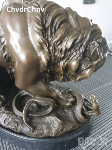 60см-22кг Barye статуя-композиция/голяма бронзова скулптура/фигура на лъв и змия, снимка 8 - Статуетки - 52840155