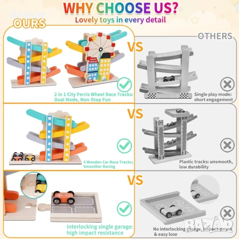 FCSONU Детски Монтесори дървени играчки, кула, 4 мини колички, 4 писти и гараж, снимка 4 - Коли, камиони, мотори, писти - 54065147