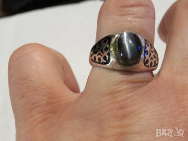 Стар красив мъжки сребърен пръстен с камък котешко око и ниело - прекрастна изработка за теб., снимка 6 - Пръстени - 31017471