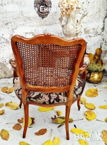 кресло в стил Луи 15 с гобленова тапицерия и ратанов гръб , снимка 9 - Столове - 53165521