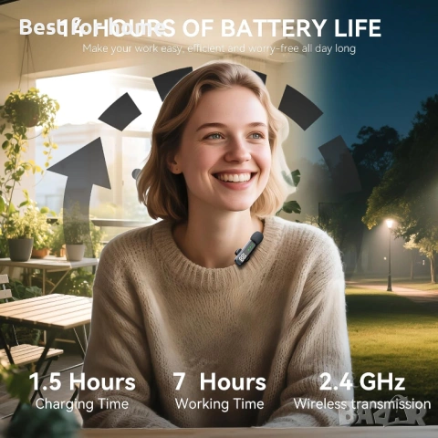 Безжичен микрофон брошка с LED дисплей – Shiny Black, 7 часа батерия, за iPhone (всички модели) и An, снимка 6 - Микрофони - 53211871