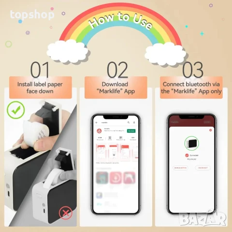 НОВ етикетен ( стикери ) принтер за телефон Pristar P15 с включена ролка. Съвместим с iOS, Android, снимка 2 - Принтери, копири, скенери - 50542405