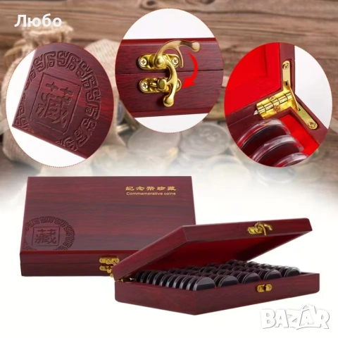 Луксозна дървена кутия за 50 монети (капсули + уплътнители), снимка 6 - Нумизматика и бонистика - 53916981