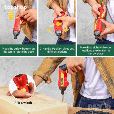 НОВ В куфарче акумулаторен винтоверт TECCPO, 2000mAh, с 45 бр. аксесоари, с LED, USB акумулаторна, снимка 6 - Винтоверти - 50493276