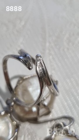 Сребърен комплект обеци с пръстен с натурални перли , снимка 5 - Бижутерийни комплекти - 44231258