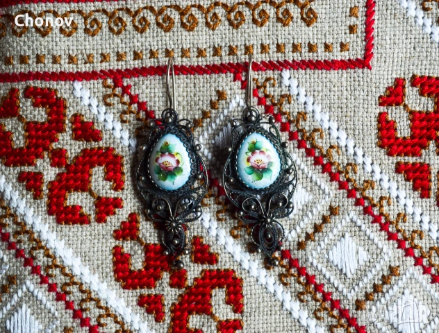 Стари Съветски порцеланови обеци от мелхиор, снимка 2 - Антикварни и старинни предмети - 53282080