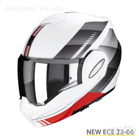 ПРОМО SCORPION EXO-TECH EVO GENRE Matt White-Silver-Red модулна 180градуса 