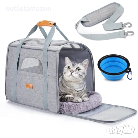 Транспортна чанта за животни, сгъваема, с включена дишаща клетка и купа, светло сива, 44x31x34см