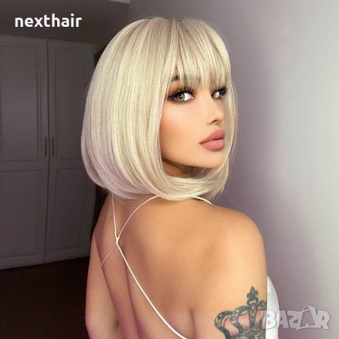 Перлено руса перука каре с бретон - 30 см, снимка 2 - Аксесоари за коса - 54254657