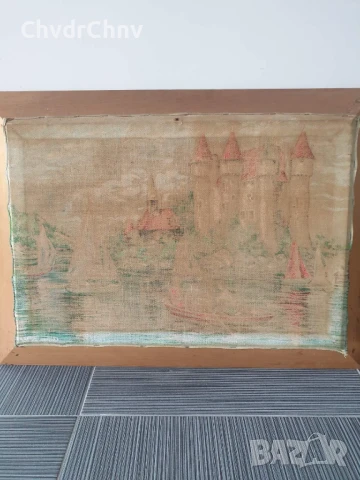 дървена рамка дърворезба 85х62см/голям стар машинно тъкан гоблен/замък-езеро-лодки, снимка 12 - Гоблени - 51345027