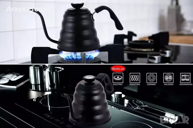 Кана за кафе Pour Over 1.2 л с вграден термометър – черна, снимка 3 - Кани - 56070683