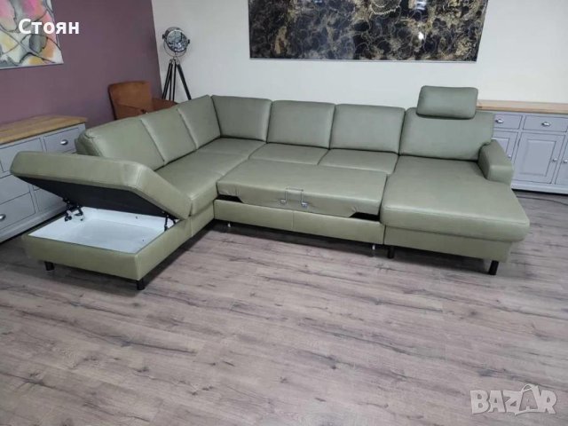 Зелен кожен П образен ъглов диван ZE-EM09002 с функция сън, снимка 2 - Дивани и мека мебел - 44244839