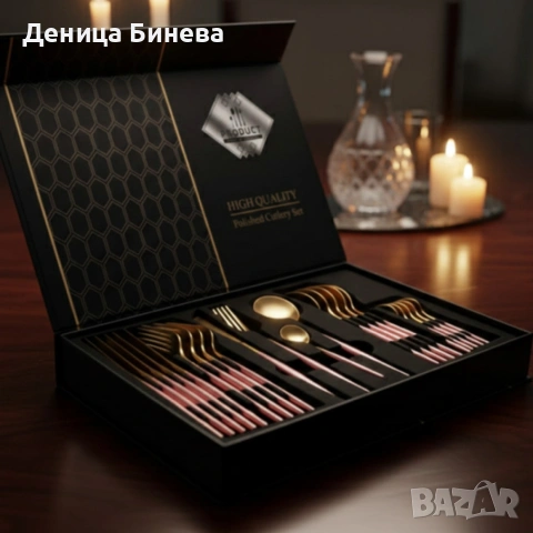 Комплект прибори за хранене от 24 части с луксозен дизайн и магнитна кутия в златисто и розово, снимка 2 - Прибори за хранене, готвене и сервиране - 53207496