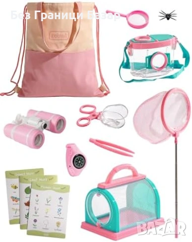 Нов Детски комплект за изследване на природата 13 части розов с бинокъл лупа и мрежа, снимка 3 - Образователни игри - 54046315