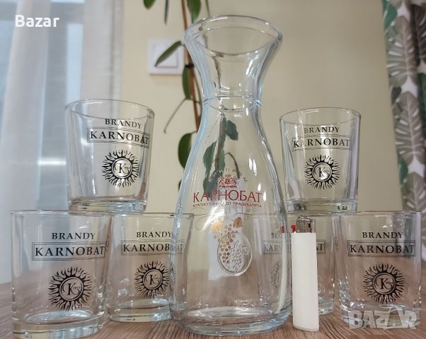 6 чаши за аперитив и гарафа с надпис  Карнобат