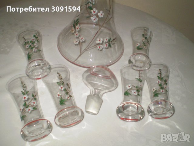 Стар сервиз за ракия ръчно рисуват 6 чаши и графа , снимка 3 - Други ценни предмети - 38800354