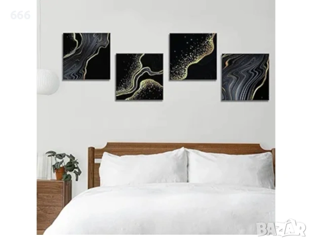 Artscope 4 части Абстрактни стенни картини върху платно - Черен мрамор, златен, плаващ пясък, снимка 5 - Други стоки за дома - 53269170