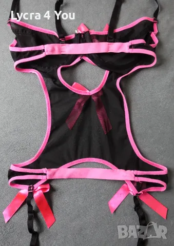 XS/S еротично черно тюлено боди с розови елементи и панделки, снимка 12 - Бельо - 50105409