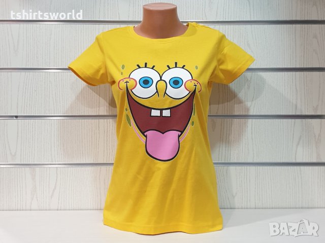 Нова дамска тениска с дигитален печат Спондж боб, снимка 6 - Тениски - 32034831
