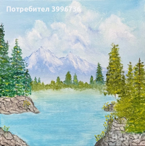Маслена картина - Планински пейзаж с езеро - 40x40 см, снимка 2 - Картини - 54113890