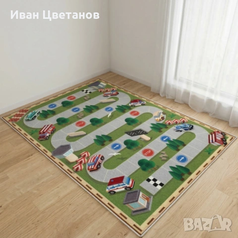 Детски килим за игра 120х160см - Тъмнозелен килим с автописта, противоплъзгащ и миещ се