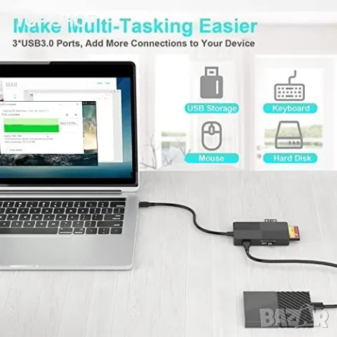 Нов USB C хъб четец на карти адаптер с 3 USB3.0 за компютър лаптоп, снимка 6 - Друга електроника - 49451189