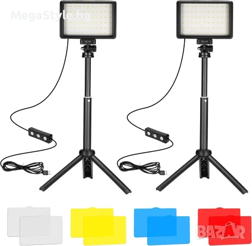 Комплект LED Видео Осветление (2 броя) – 5600K с Мини Триподи и Цветни Филтри