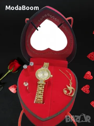 Луксозен дамски комплект - Бижута и елегантен часовник в сърцевидна кутия, снимка 3 - Бижутерийни комплекти - 48683075