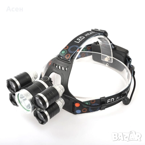Супер мощен LED челник с акумулаторни батерии и 5 LED диода, снимка 5 - Екипировка - 52192883