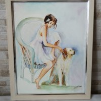 Картина "Момиче с куче" - акварел върху картон - рамкирана, снимка 5 - Картини - 35141816