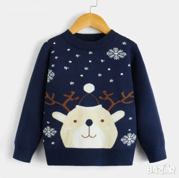 ПРОМОЦИЯ Коледен детски пуловер, р-р 120см, син с мече, снимка 1
