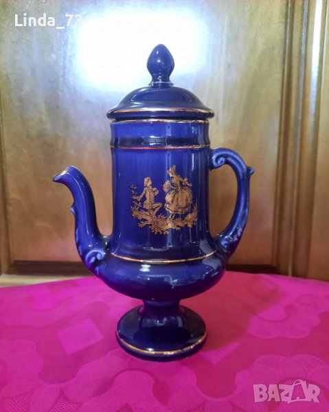Антикварно, френско чайниче с капаче  - Limoges porcelain - кобалт и злато., снимка 1