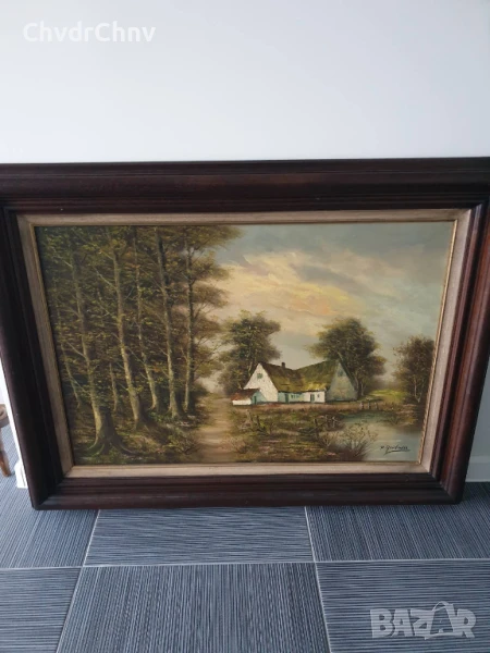 127х97см Quidousse/картина масло върху платно/пейзаж/къща-път-гора-езеро/масивна дървена рамка, снимка 1