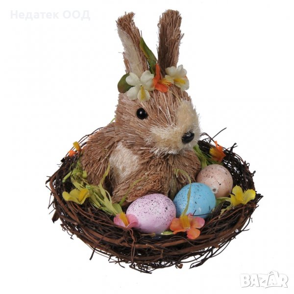 Великденскa декорация, Заек седнал в гнездо с яйца, 19 см, Многоцветна, снимка 1