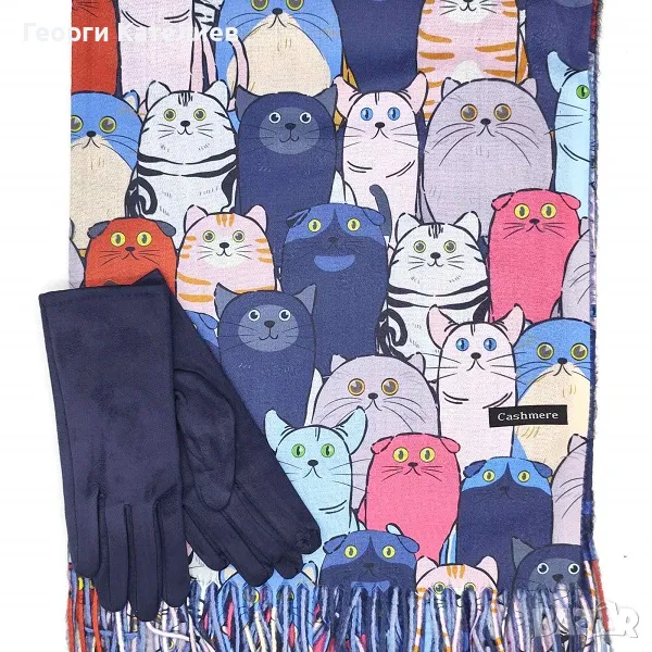 Кашмирен шал с котки и ръкавици в тъмно синьо-Зимен дамски комплект Код на продукта:DAK-23, снимка 1