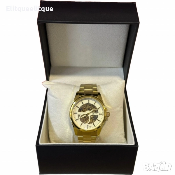 Луксозен златен мъжки часовник с арабски цифри и открит механизъм, снимка 1