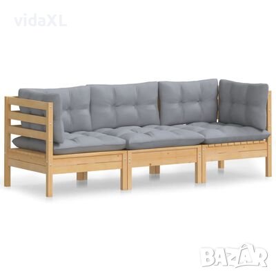 vidaXL 3-местен градински диван със сиви възглавници, бор масив（SKU:3096099, снимка 1