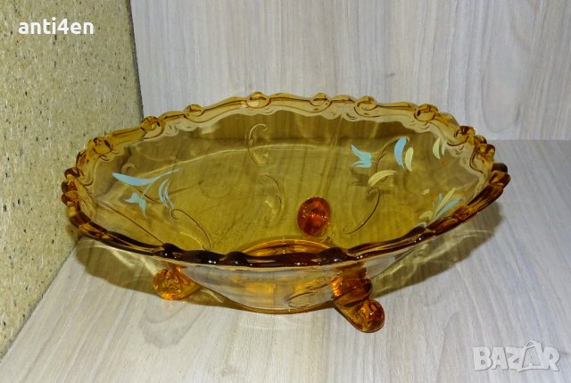 Стара стъклена фруктиера в кехлебарен цвят, снимка 2 - Аксесоари за кухня - 40074972
