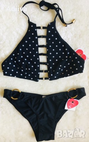 Нов бански комплект в черно на бели точки бюстие бикина връзки 